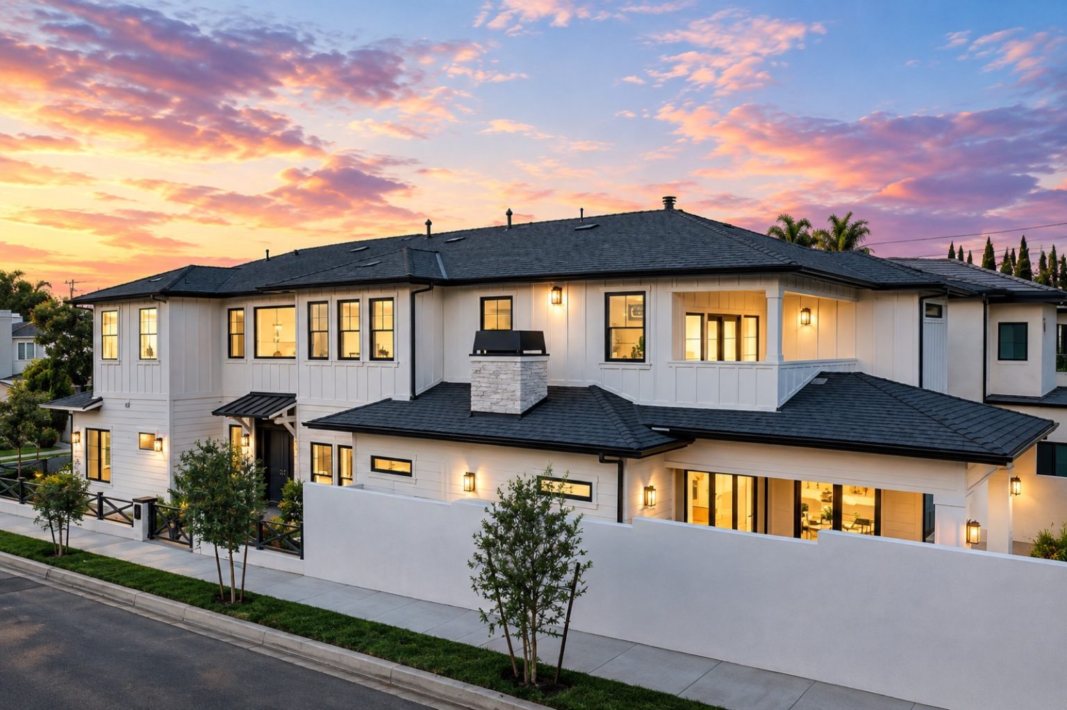 Two-story custom home in Manhattan Beach at dusk, designed by GTA Design Group Architects